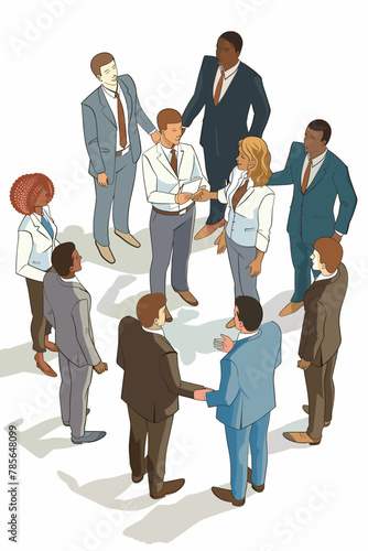 Diverse Team of Office Workers Shaking Hands in Agreement, Reviewing and Approving Business Deal, Successful Negotiation, Collaboration and Partnership, Closeup View, Vector Illustration