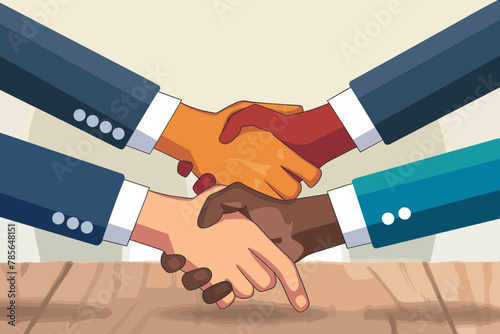 Diverse Team of Office Workers Shaking Hands in Agreement, Reviewing and Approving Business Deal, Successful Negotiation, Collaboration and Partnership, Closeup View, Vector Illustration