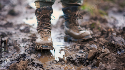 A backpackers boots covered in mud at the end of a long days trek standing on a rugged trail showcasing the gritty reality and the physical demands of backpacking adventures.