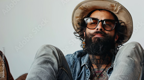 portrait of a middle aged man urban hipster style clothing wearing glasses with copy space 
