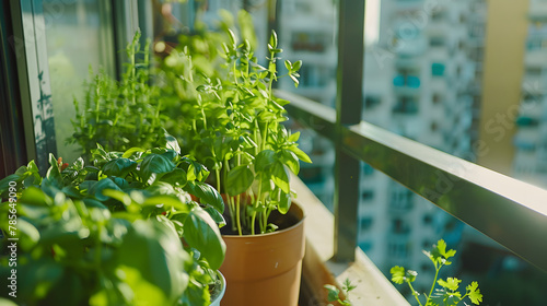 A balcony garden experiment with hydroponic systems for growing herbs like basil and cilantro showcasing modern agricultural technologies.