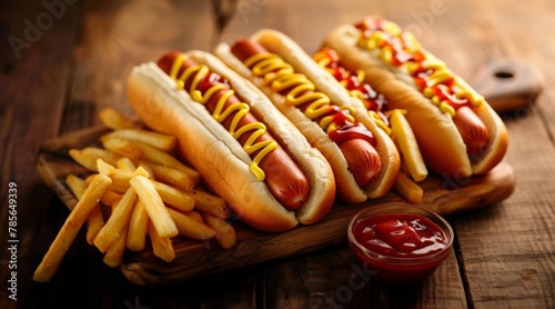 Three Hot Dogs With Ketchup And Mustard, And French Fries, Isolated On a Wooden Table