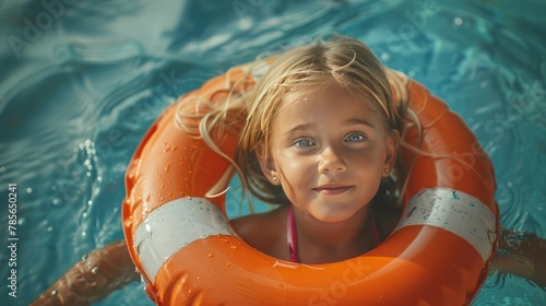 Little girl sitting in a lifebuoy in a pool, top view tropical background