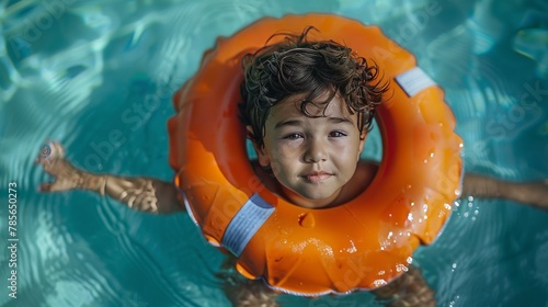 Little boy sitting in a lifebuoy in a pool, top view tropical background