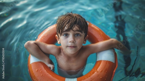 Little boy sitting in a lifebuoy in a pool, top view tropical background