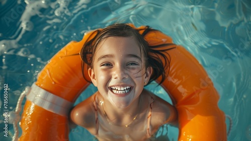 Little girl sitting in a lifebuoy in a pool, top view tropical background