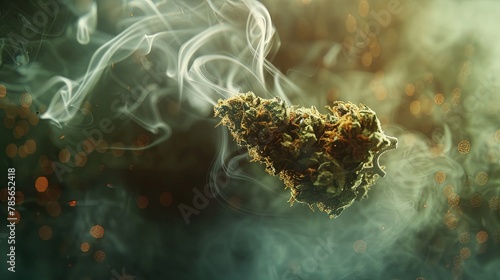A piece of marijuana levitate in the air. Smoke. Close-up. A captivating spectacle of herbal allure.