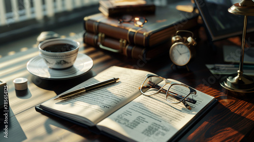 A quiet morning scene with an open book, a cup of coffee, and reading glasses, inviting intellectual pursuit