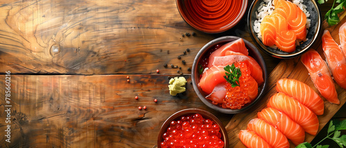 Variety of sushi and sashimi on wooden table