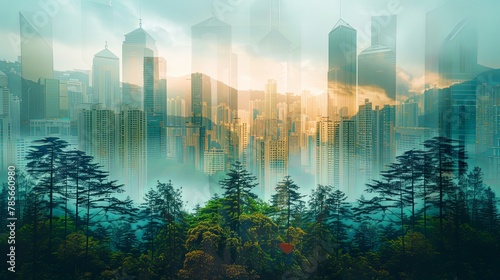 Double exposure cityscape at sunset with skyline and green summer forest