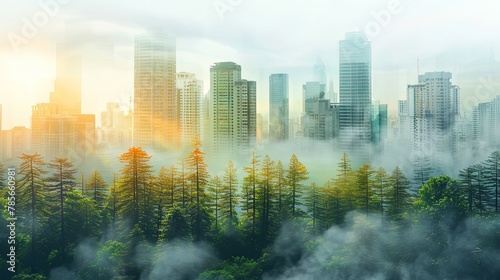 Double exposure cityscape at sunset with skyline and green summer forest