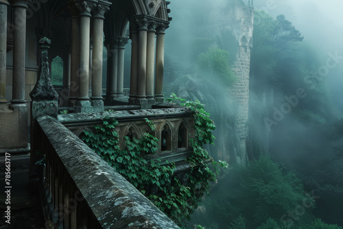 A castle with a balcony overlooking a forest. Scene is eerie and mysterious. The castle appears to be abandoned and overgrown with vines, giving it a sense of decay and abandonment