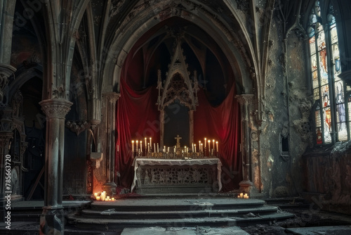 A church with a red curtain and candles lit in the altar. Scene is solemn and peaceful