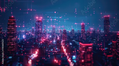 Smart city technology innovation concept with connect dots and lines. Glowing neon illustration background. Business connection, big data, network and global communication.