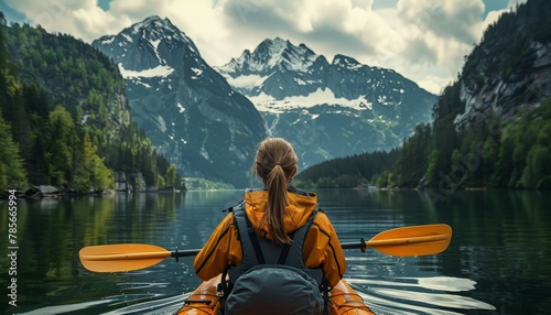 A woman in a yellow jacket paddles a kayak on a lake surrounded by mountains. The scene is peaceful and serene, with the woman enjoying the beauty of nature