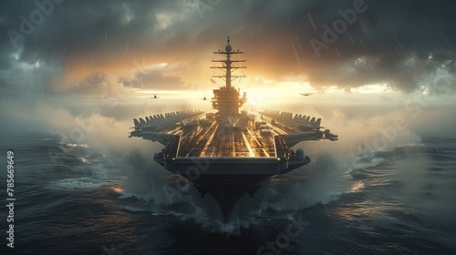 Navigating the Storm: An Aircraft Carriers Journey at Sunset.