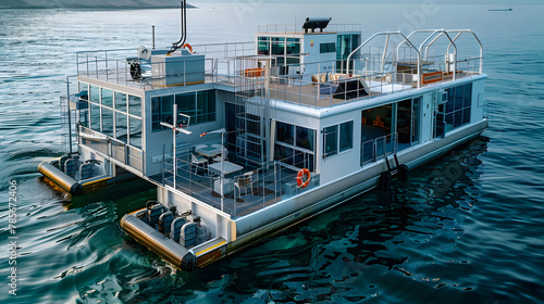 A floating aquatic research center designed for climate change studies featuring state-of-the-art labs and living quarters.
