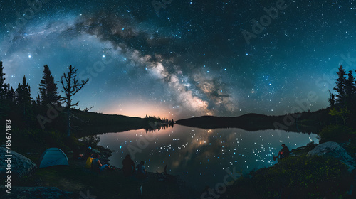 A group of backpackers setting up camp beside a serene alpine lake under the glow of the Milky Way showcasing the communal aspect of backpacking and the awe-inspiring nature of the night sky.