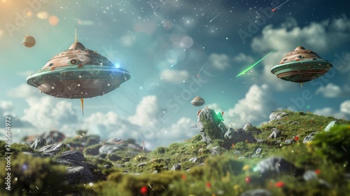 Isolated flying objects in a whimsical landscape AI generated illustration