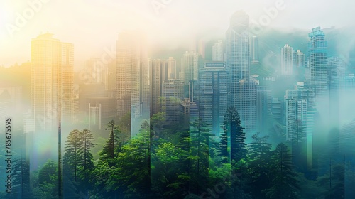 Energy efficient citys with double exposure overlay of downtown with green forest summer vegetation
