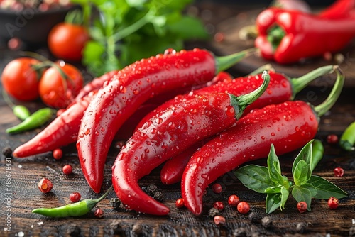 A vibrant image showcasing multiple red chili peppers with glistening water drops on a wooden surface