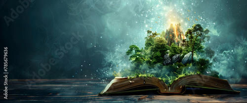 Dark banner of open book with a fantasy world popping out, celebrating World Book Day