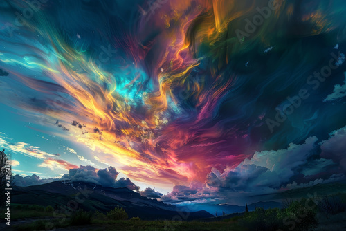 A colorful sky with a rainbow and clouds. The sky is filled with a variety of colors, including blue, green, and purple. The clouds are fluffy and spread out, creating a sense of depth and movement
