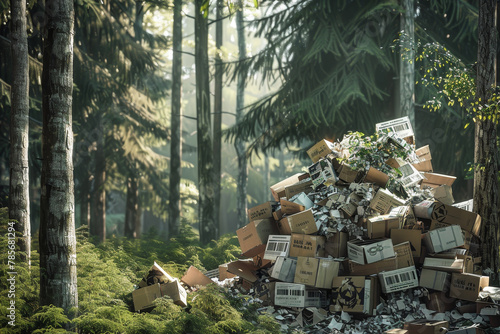 A pile of cardboard boxes is on top of a tree in a forest. The boxes are scattered all over the ground, and some of them are upside down. The scene gives off a feeling of disorganization and chaos
