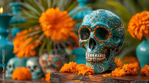 Vibrant Day of the Dead Celebration with Artistic Skulls and Marigolds. Concept Day of the Dead Decor, Sugar Skull Inspiration, Marigold Arrangements, Colorful Altar Displays