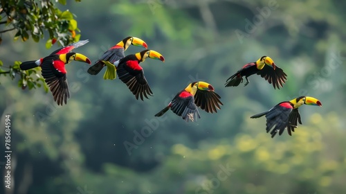 Vibrant toucans in midair AI generated illustration