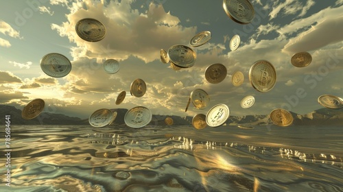 Virtual coins bouncing off invisible walls in a surreal landscape AI generated illustration