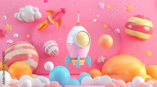 Whimsical and cheerful flying objects in a 3d space AI generated illustration