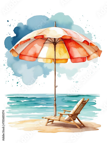 Beach umbrella and chaise-longue near the sea water watercolor illustration isolated on a white background