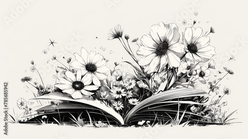 Minimalist Silhouette of Book and Daisies in Inked Black and White Generative AI