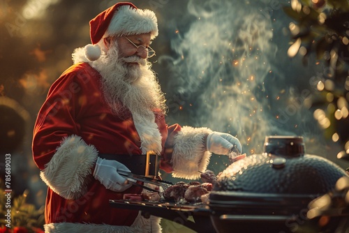 Photorealistic image of Santa Claus barbecuing outdoors, surrounded by summer scenery and barbecue grill 01