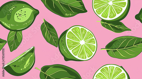 seamless green limes pattern on pink background, hand painting style