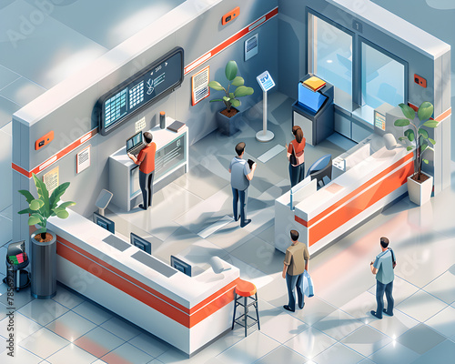 An isometric illustration showing a booking schedule with people characters, representing the concept of time management and productivity in a business setting.