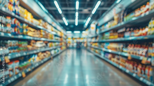 Blurred perspective of an empty grocery store aisle without people