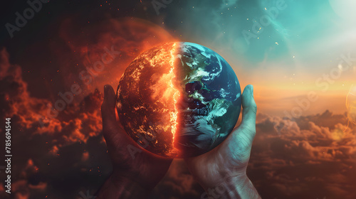 Deux mains humaines tenant une moitié de la planète Terre gelée et une autre moitié en train de fondre, changement climatique et conditions météorologiques extrêmes