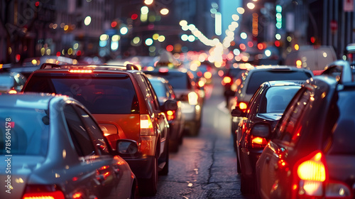 Cars in heavy transit traffic, congestion rush bottleneck urban