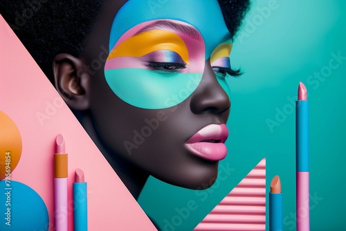 Stylish Beauty and Fashion Composition with Colorful Makeup and Trendy Cosmetics