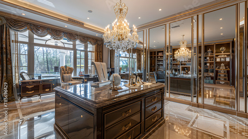 A lavish dressing room with mirrored walls and a center island for accessories.
