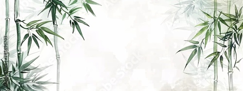 Painting waterink of a bamboo tree with green leaves and stems on a plain white background