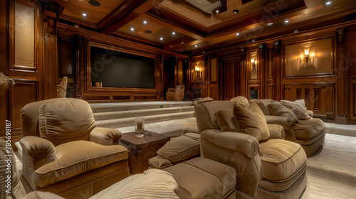 A high-tech home theater with plush seating and ambient lighting.