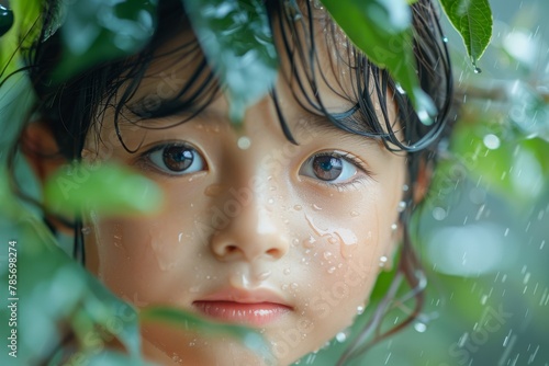 A poignant image of a child in the rain, with water droplets and green leaves framing a sincere face