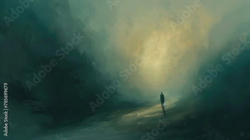 A lone person strolls along a forest path amidst swirling morning fog, with sunlight piercing through
