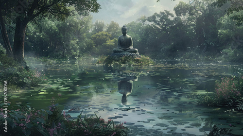 A Buddha statue sits peacefully on top of a dense, green forest with trees and foliage surrounding it