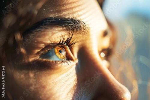 Close-up of a person's eyes, reflecting different ethnicities, gazing into the distance, as sunlight streams through a window, representing the inner turmoil of divorce 02