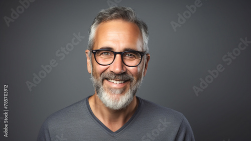 Portrait of happy mature man wearing spectacles and looking at camera indoor. Man with beard and glasses feeling confident posing against a grey background.