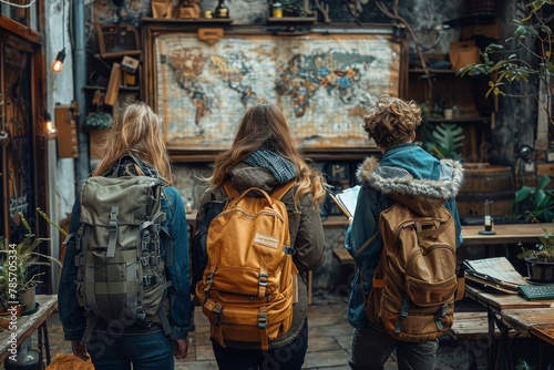 Group of young explorers with backpacks discussing a large vintage map in an antique shop setting